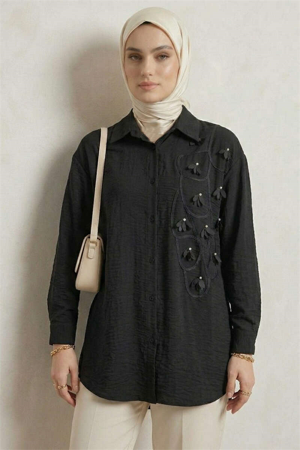 Textured Crepe Floral Shirt Black