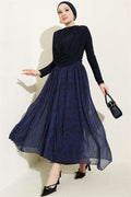 Draped Collar Patterned 2 Piece Set, Navy Blue