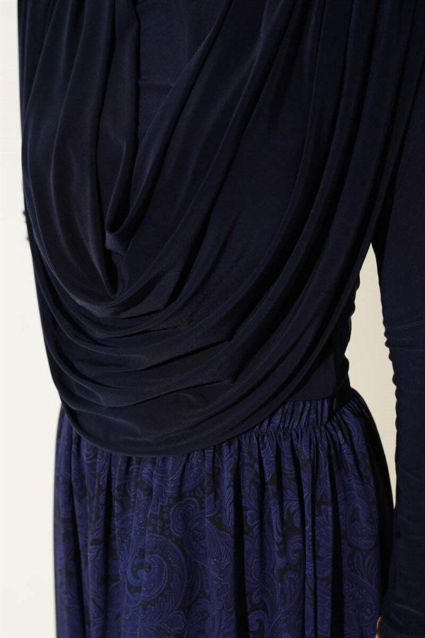 Draped Collar Patterned 2 Piece Set, Navy Blue