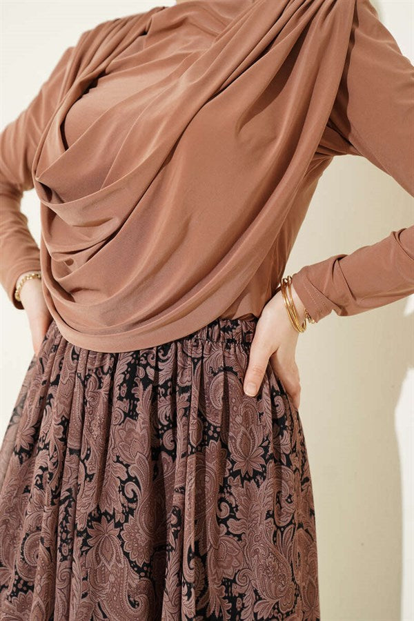 Draped Collar Patterned 2 Piece Set Latte