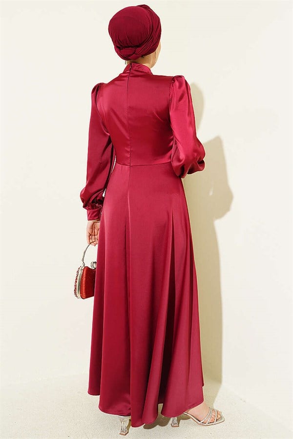 Draped Satin Evening Dress with Embellished Bust, Burgundy