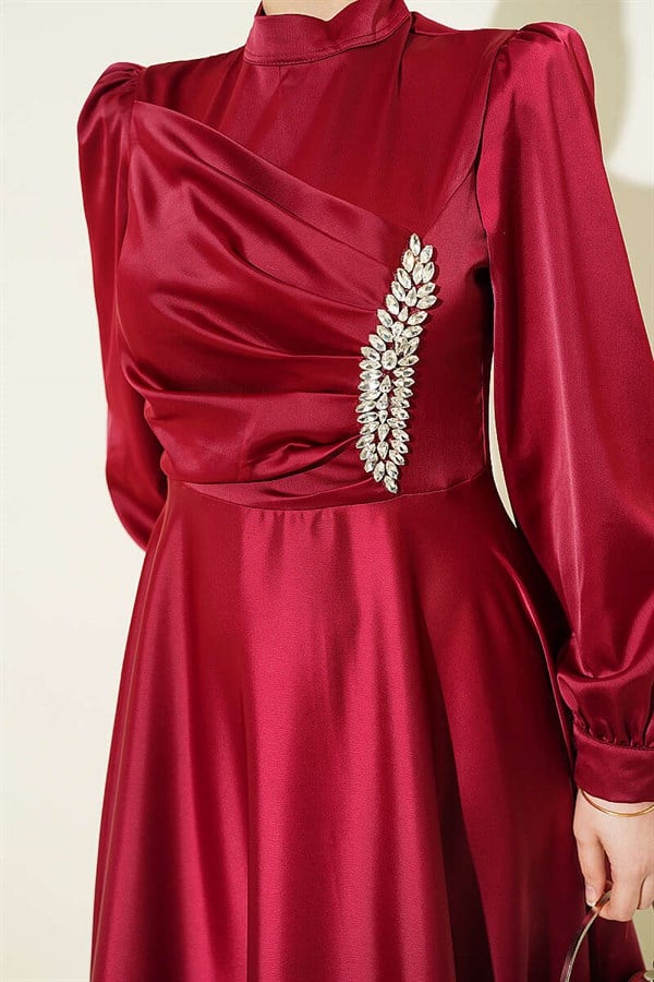 Draped Satin Evening Dress with Embellished Bust, Burgundy