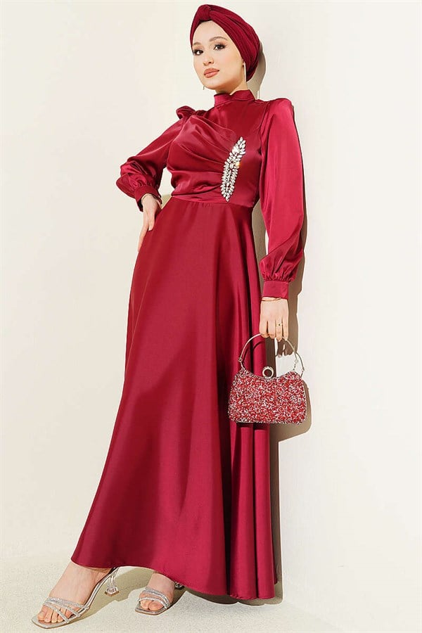 Draped Satin Evening Dress with Embellished Bust, Burgundy