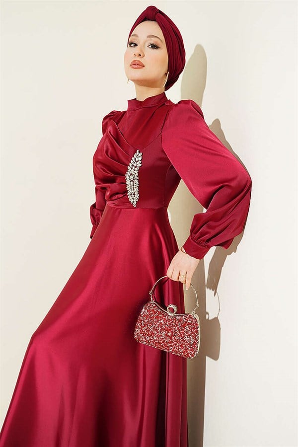 Draped Satin Evening Dress with Embellished Bust, Burgundy