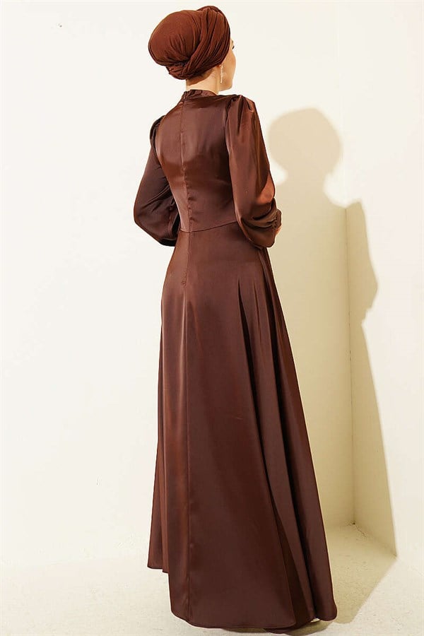 Draped Satin Evening Dress with Embellished Bust, Brown
