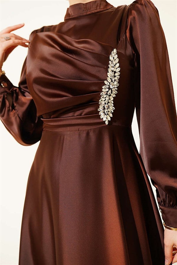 Draped Satin Evening Dress with Embellished Bust, Brown