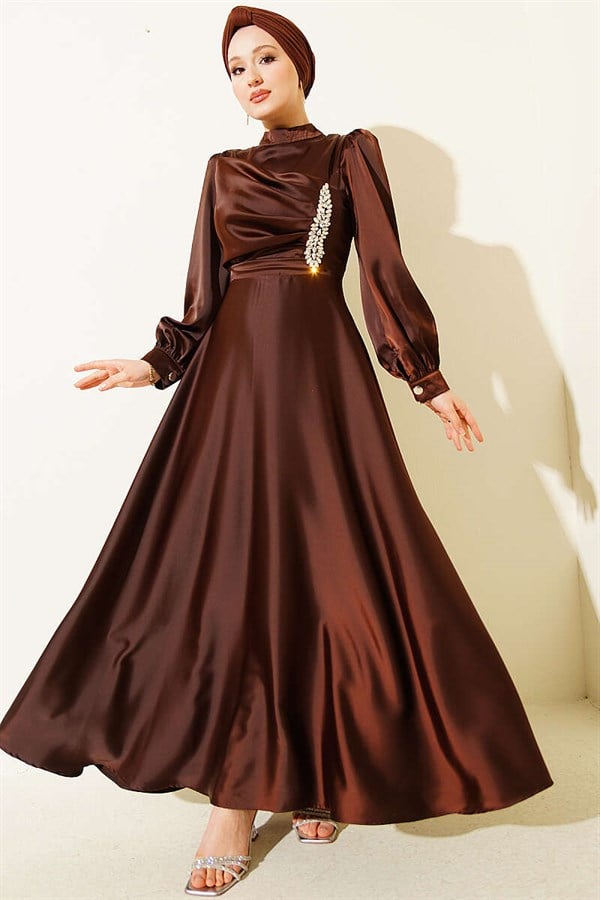 Draped Satin Evening Dress with Embellished Bust, Brown