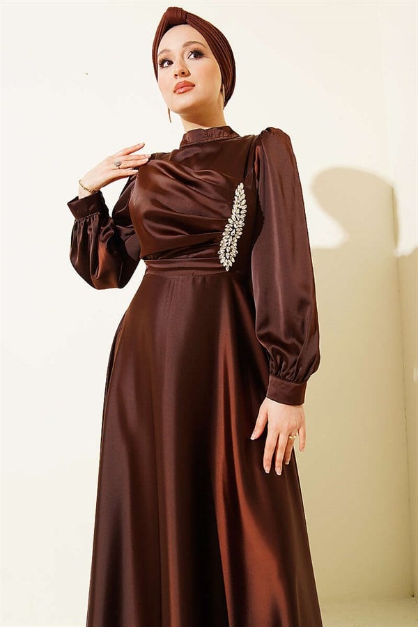 Draped Satin Evening Dress with Embellished Bust, Brown