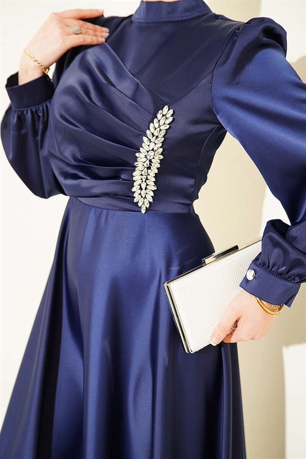 Draped Satin Evening Dress with Embellished Bust, Navy Blue
