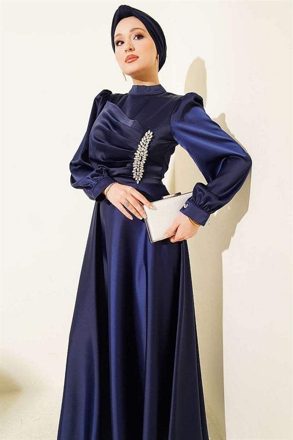 Draped Satin Evening Dress with Embellished Bust, Navy Blue