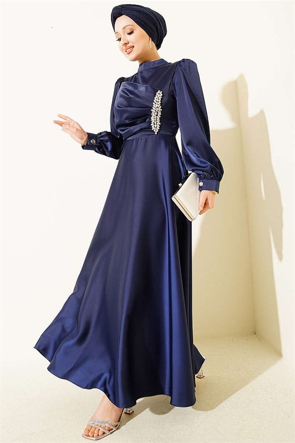 Draped Satin Evening Dress with Embellished Bust, Navy Blue