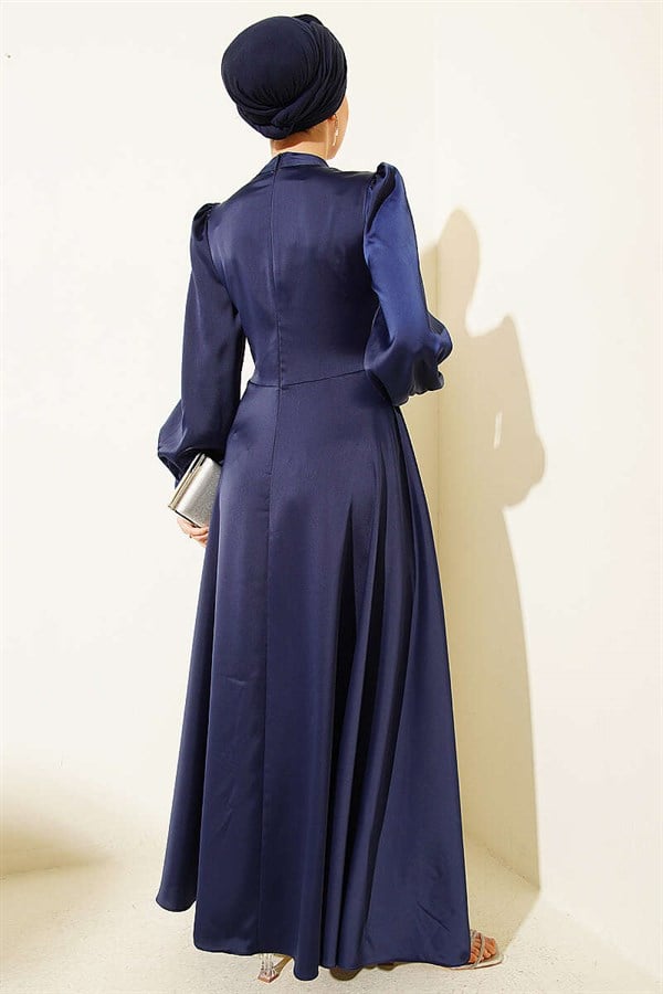 Draped Satin Evening Dress with Embellished Bust, Navy Blue