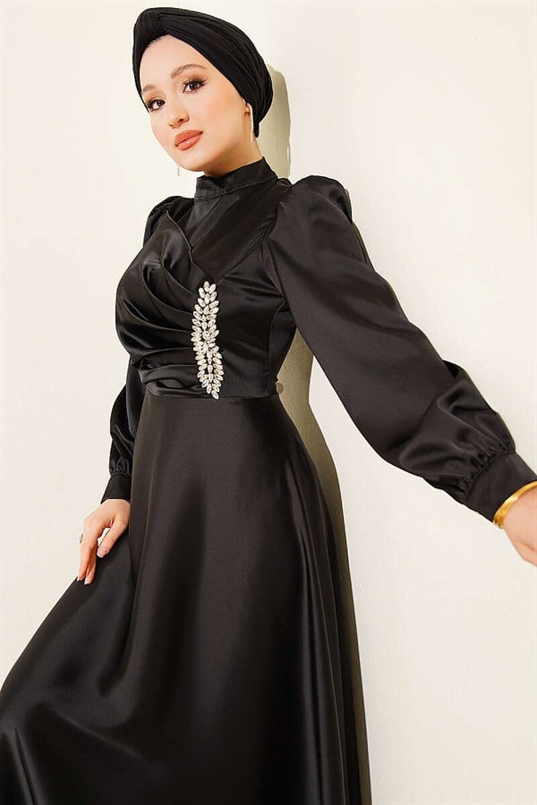 Draped Satin Evening Dress with Embellished Bust, Black