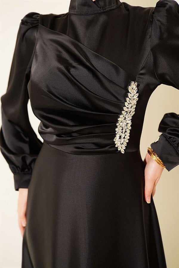 Draped Satin Evening Dress with Embellished Bust, Black