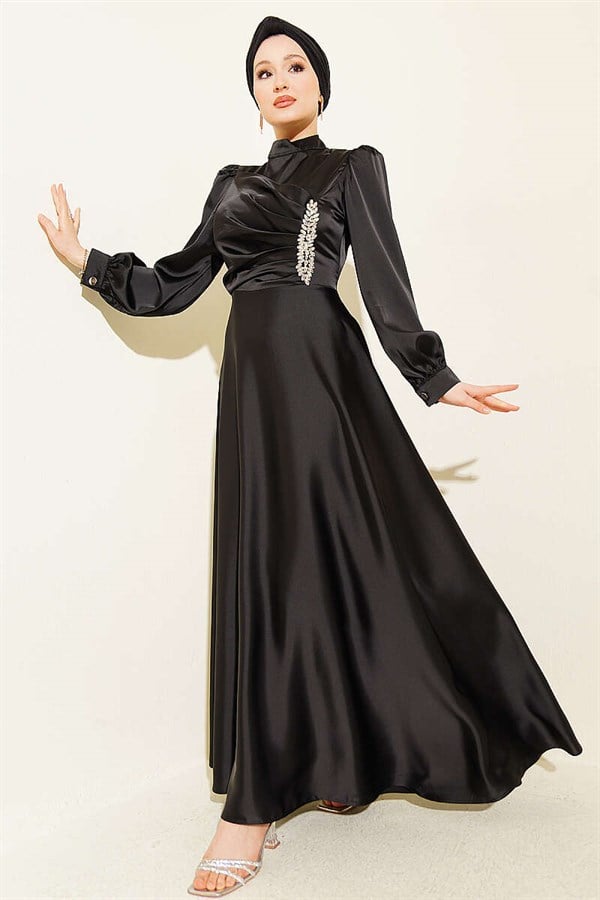 Draped Satin Evening Dress with Embellished Bust, Black
