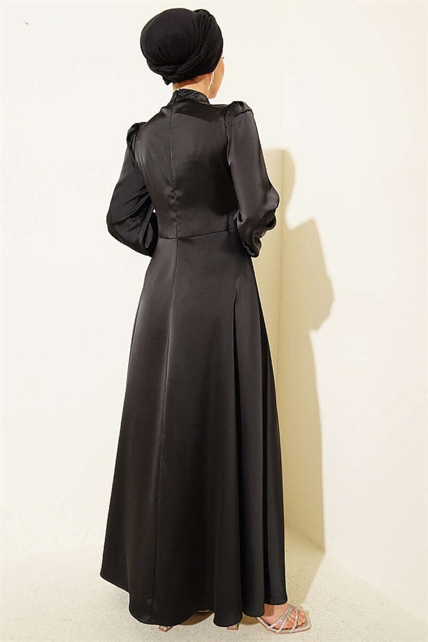 Draped Satin Evening Dress with Embellished Bust, Black