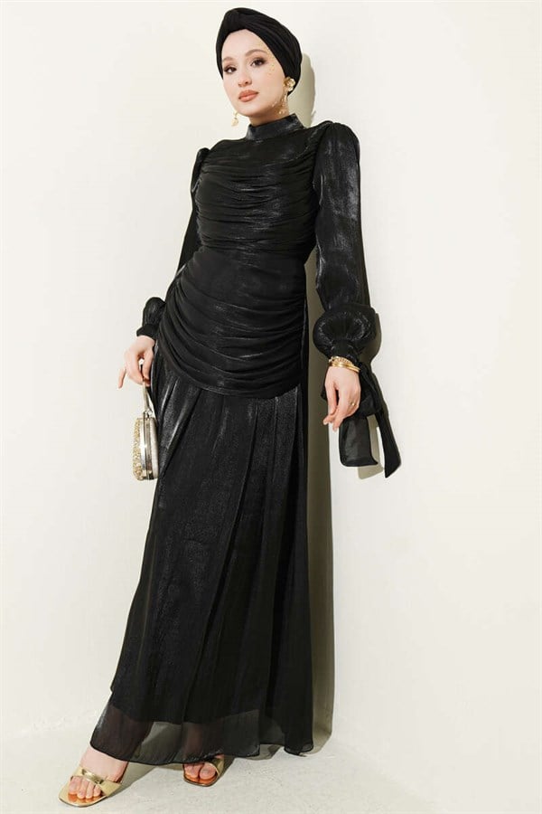 Draped Evening Dress with Tie-Up Sleeves, Black
