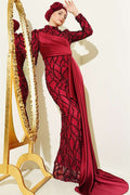 Draped Sequin Patterned Evening Dress in Burgundy