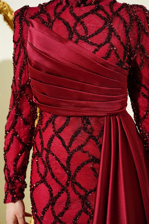 Draped Sequin Patterned Evening Dress in Burgundy
