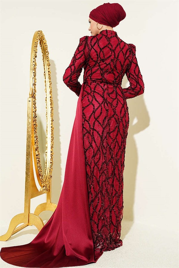 Draped Sequin Patterned Evening Dress in Burgundy