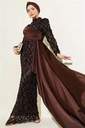 Draped Sequin Patterned Evening Dress in Brown