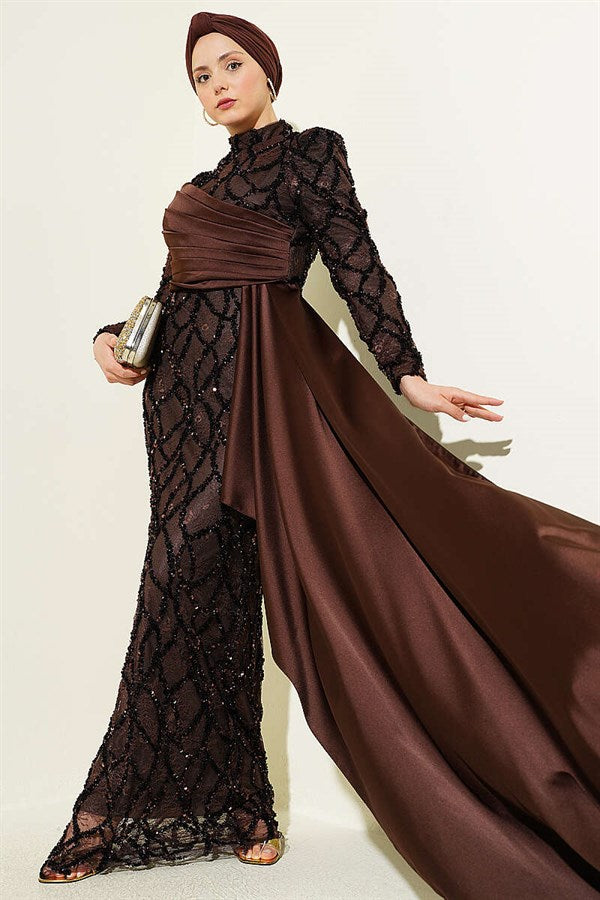 Draped Sequin Patterned Evening Dress in Brown