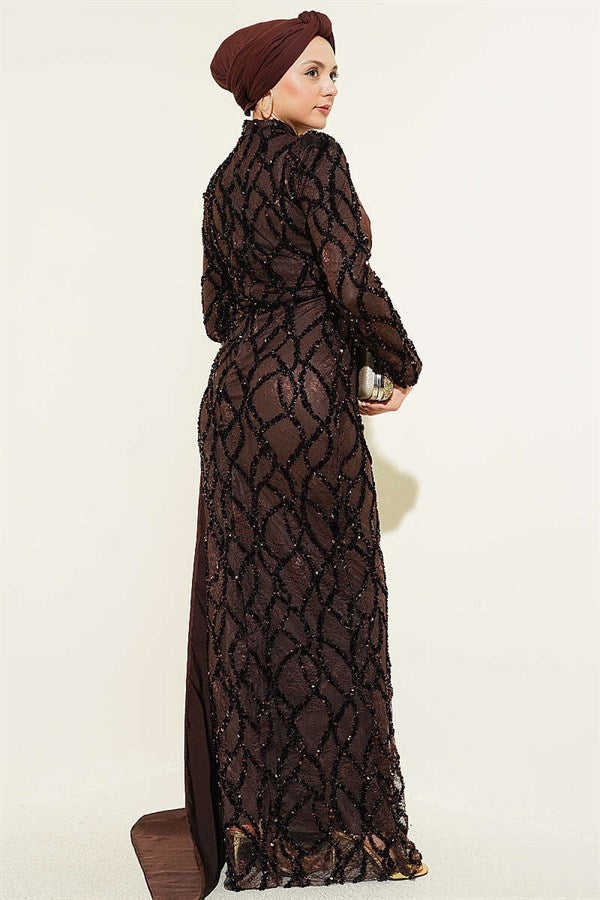 Draped Sequin Patterned Evening Dress in Brown