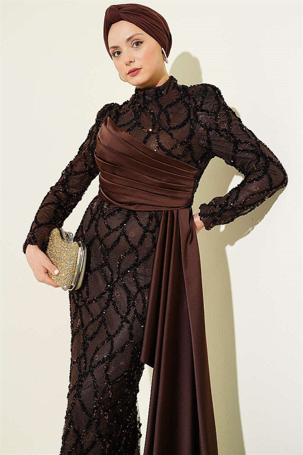 Draped Sequin Patterned Evening Dress in Brown