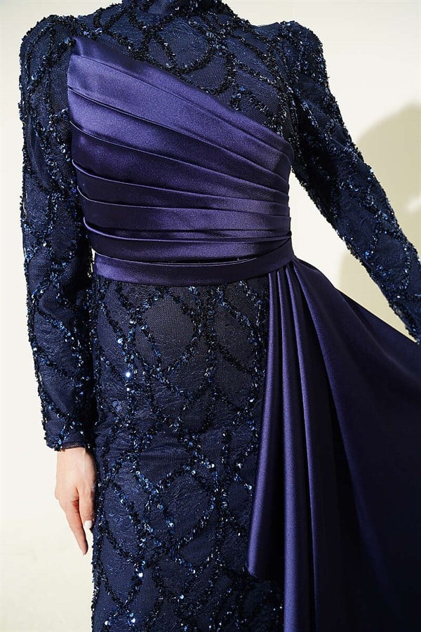 Draped Sequin Patterned Evening Dress Navy Blue