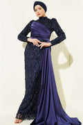 Draped Sequin Patterned Evening Dress Navy Blue