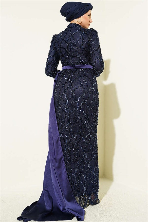 Draped Sequin Patterned Evening Dress Navy Blue