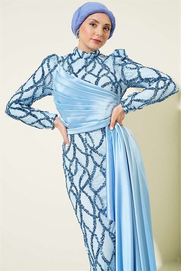 Draped Sequin Patterned Evening Dress, Blue