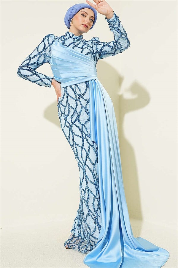 Draped Sequin Patterned Evening Dress, Blue