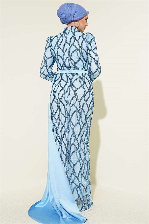 Draped Sequin Patterned Evening Dress, Blue