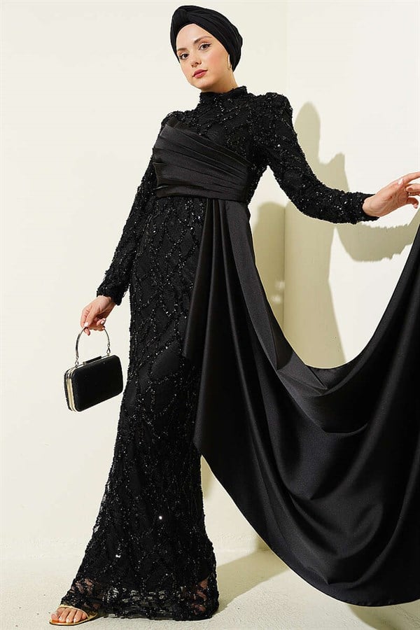 Draped Sequin Patterned Evening Dress, Black
