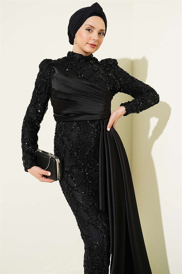 Draped Sequin Patterned Evening Dress, Black