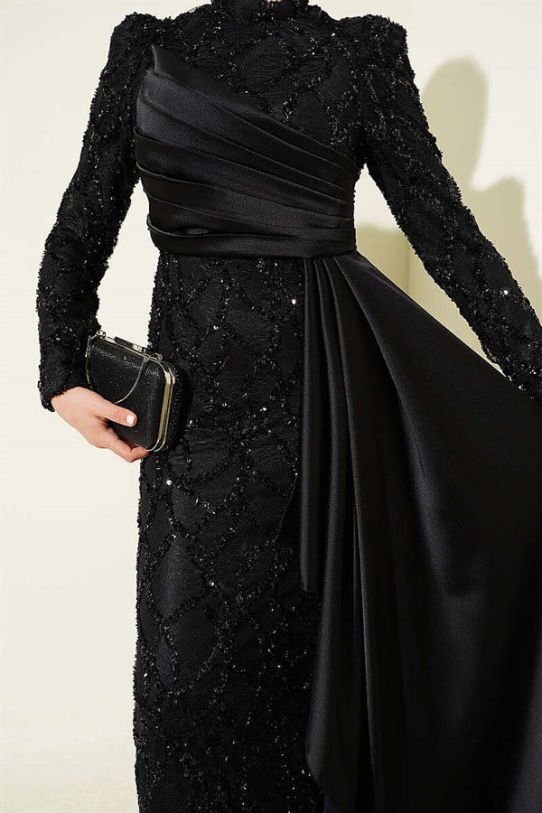 Draped Sequin Patterned Evening Dress, Black