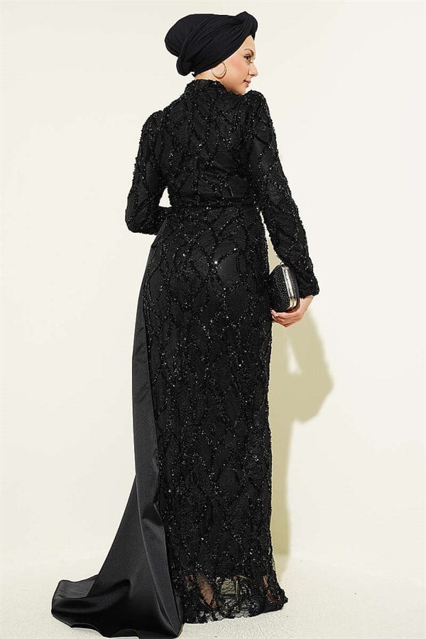 Draped Sequin Patterned Evening Dress, Black