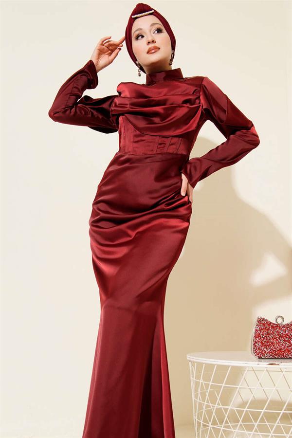 Draped Satin Evening Dress in Burgundy