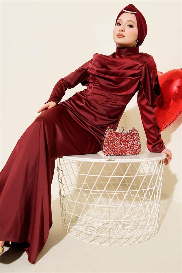 Draped Satin Evening Dress in Burgundy