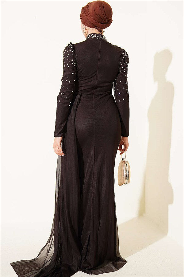 Draped Evening Dress with Stone Details, Dark Brown