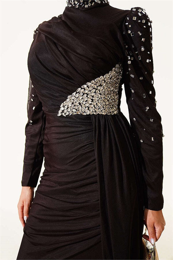 Draped Evening Dress with Stone Details, Dark Brown