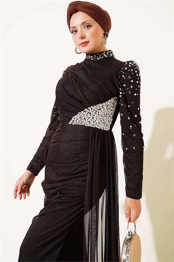 Draped Evening Dress with Stone Details, Dark Brown