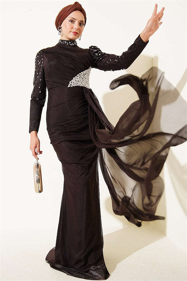 Draped Evening Dress with Stone Details, Dark Brown