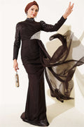Draped Evening Dress with Stone Details, Dark Brown