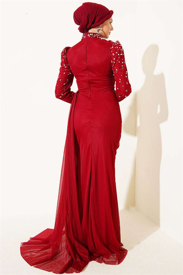 Draped Evening Dress with Stone Details, Burgundy