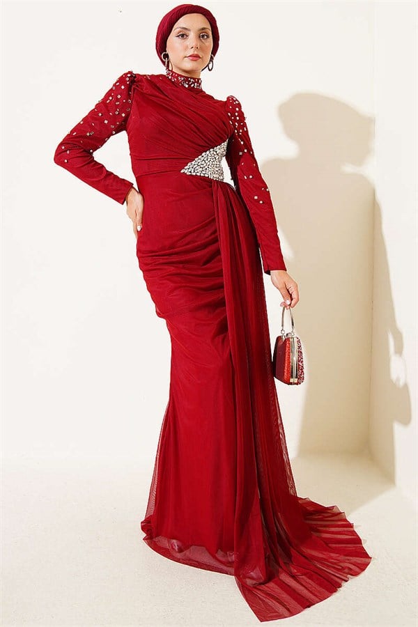 Draped Evening Dress with Stone Details, Burgundy