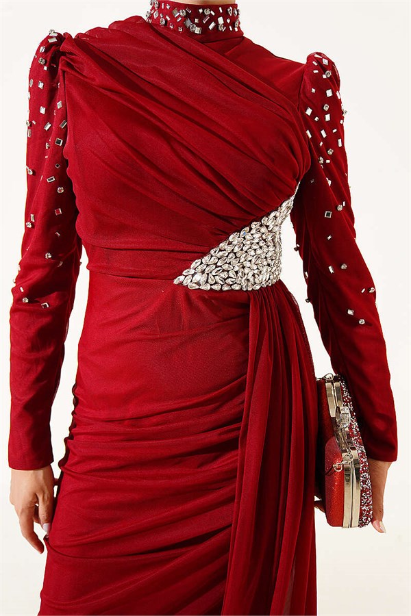 Draped Evening Dress with Stone Details, Burgundy