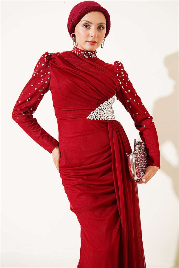 Draped Evening Dress with Stone Details, Burgundy