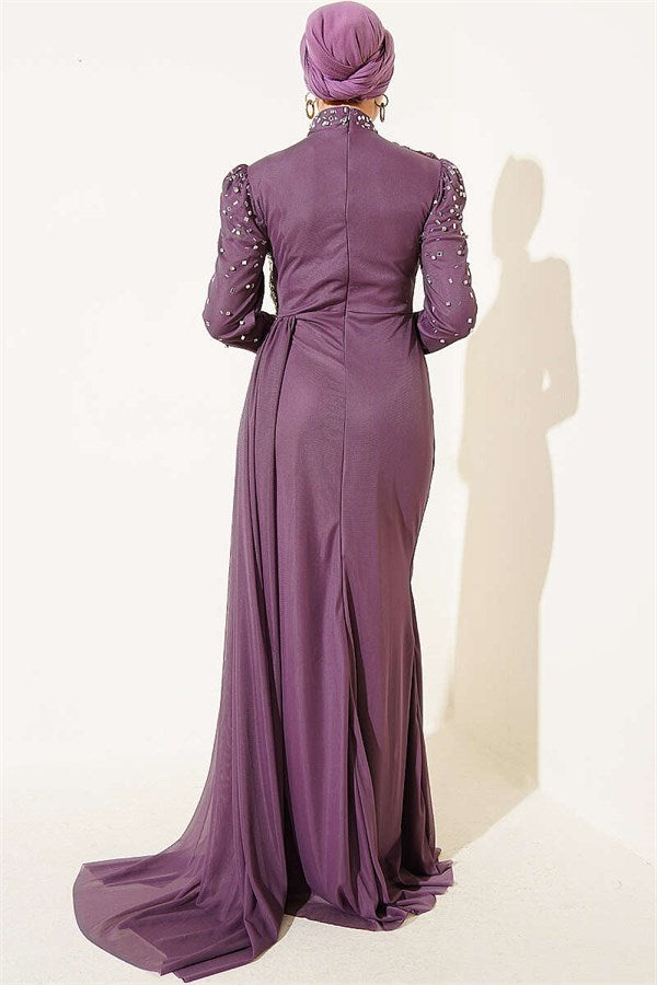 Draped Evening Dress with Stone Details, Rose Pink